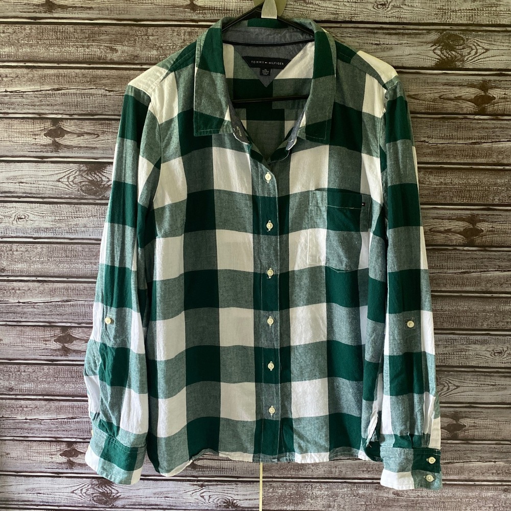 Tommy Hilfiger Women's Long-Sleeved Button-Down Top Sz XL Green White Plaid Logo